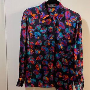 Vintage Escada Silk Blouse Leaf Multi Color Print Size Eu 34
